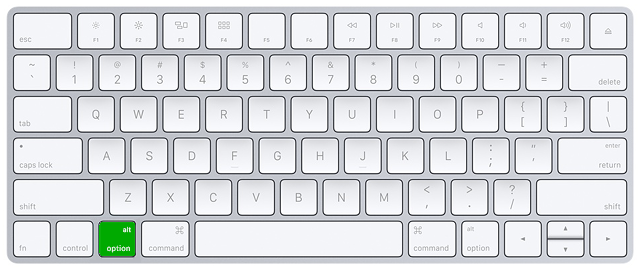 Клавиша
'Option' или 'alt' в левом нижнем углу клавиатуры Mac