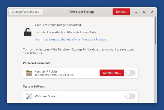 Persistent Storage settings with message:
Persistent Folder. The data of this feature is still saved. Delete Data?